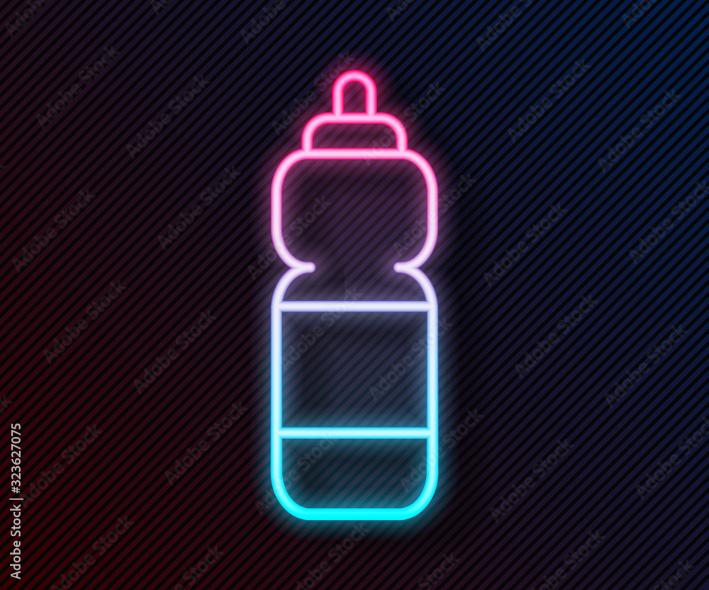 Glowing neon line Fitness shaker icon isolated on black background. Sports shaker bottle with lid fo