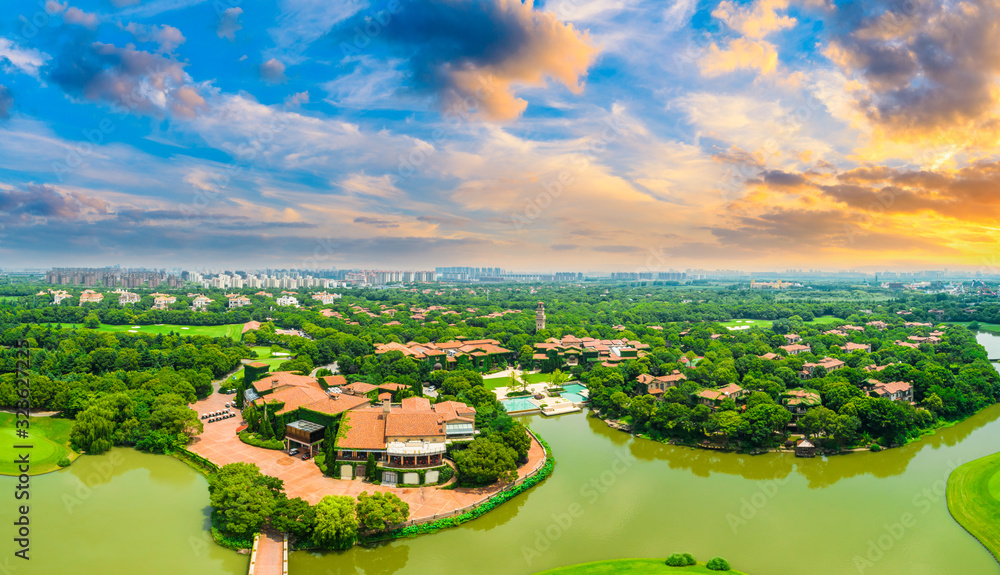 Aerial view of a beautiful green golf course in Shanghai.