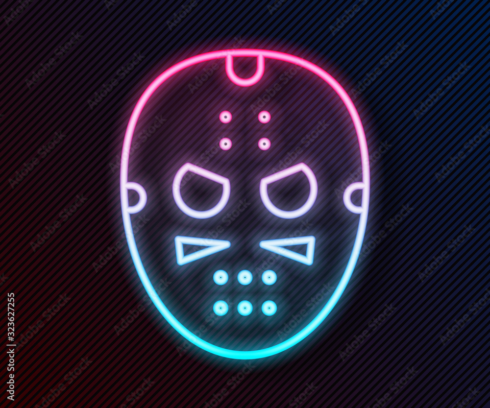 Glowing neon line Hockey mask icon isolated on black background. Vector Illustration