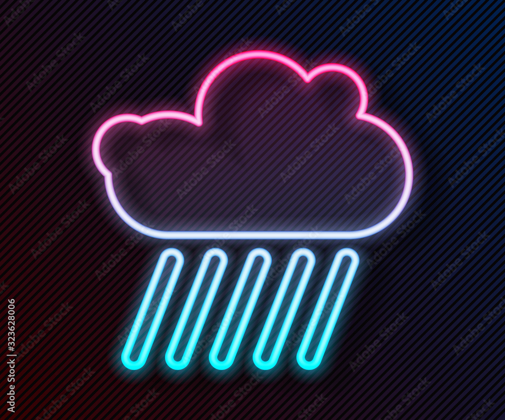 Glowing neon line Cloud with rain icon isolated on black background. Rain cloud precipitation with r