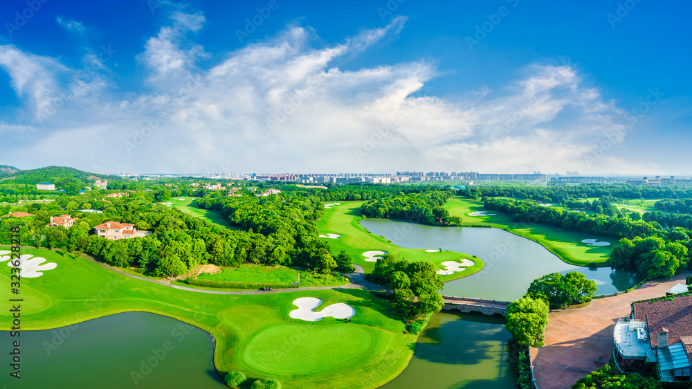 Aerial view of a beautiful green golf course in Shanghai,panoramic view.