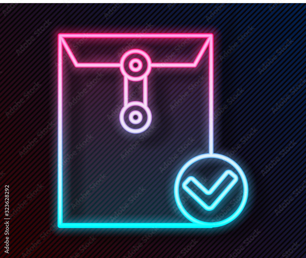 Glowing neon line Envelope and check mark icon isolated on black background. Successful e-mail deliv