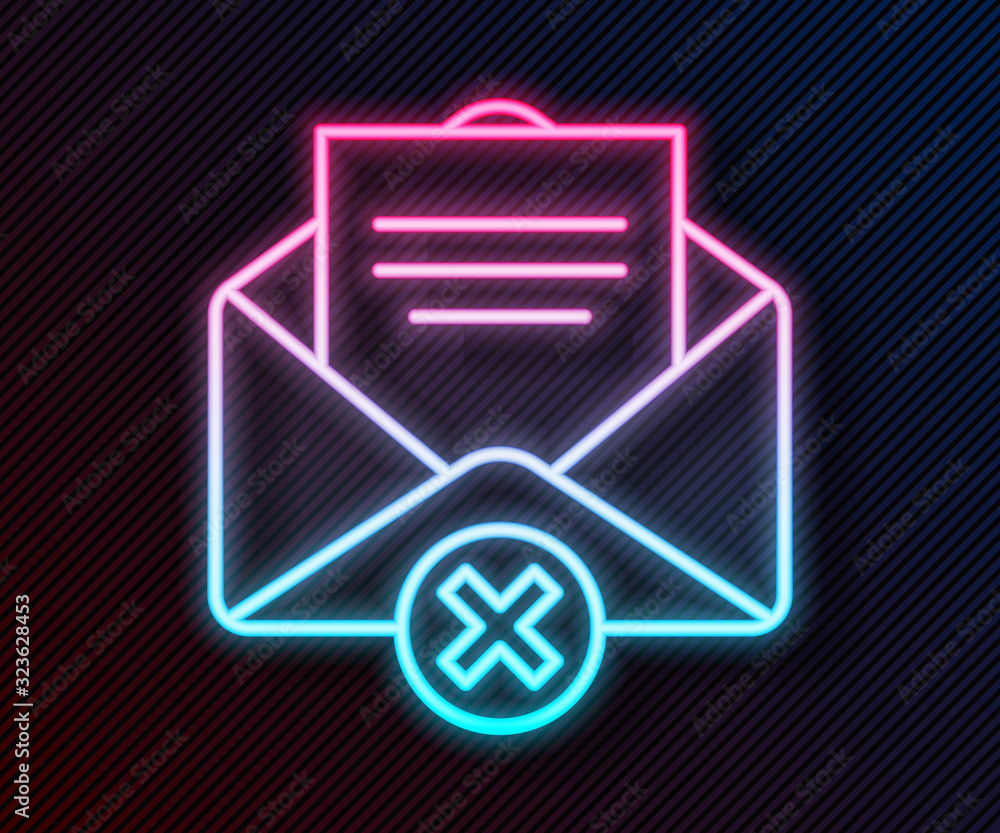 Glowing neon line Delete envelope icon isolated on black background. Delete or error letter. Cross o