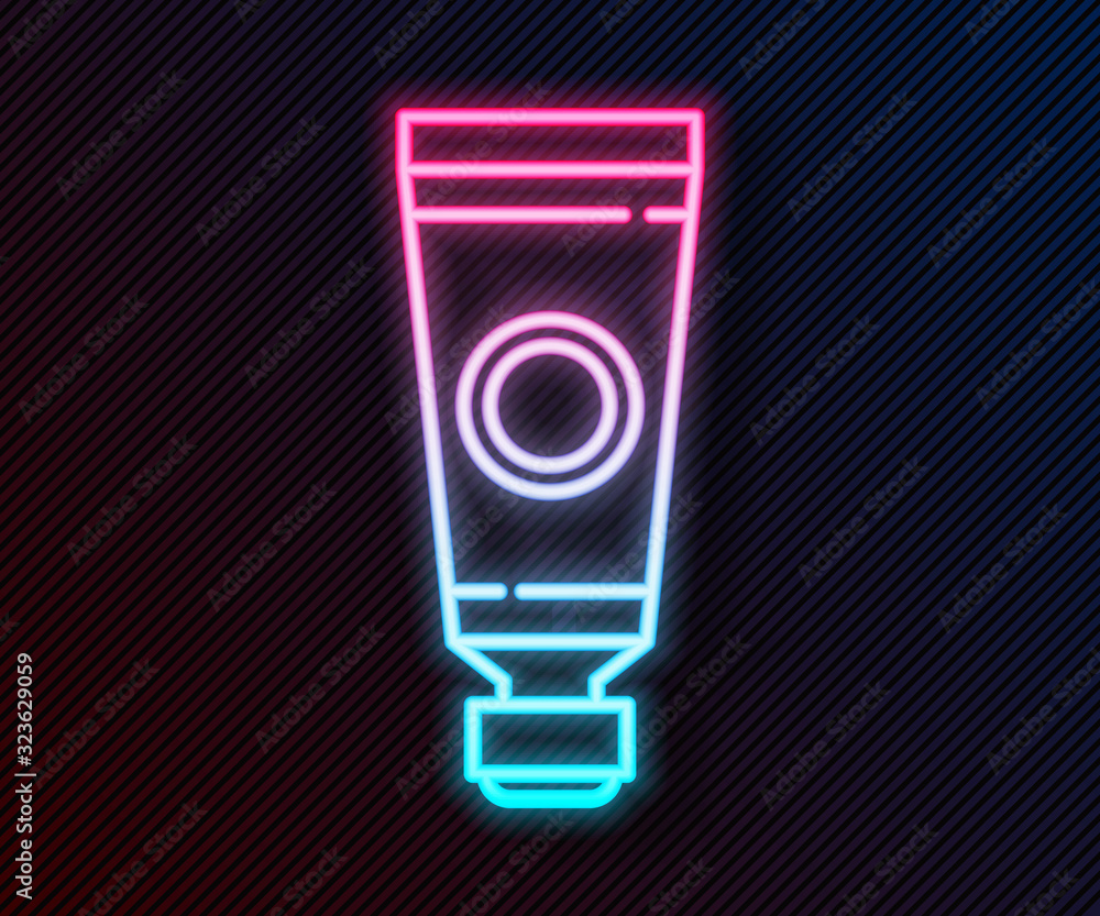 Glowing neon line Tube with paint palette icon isolated on black background. Vector Illustration