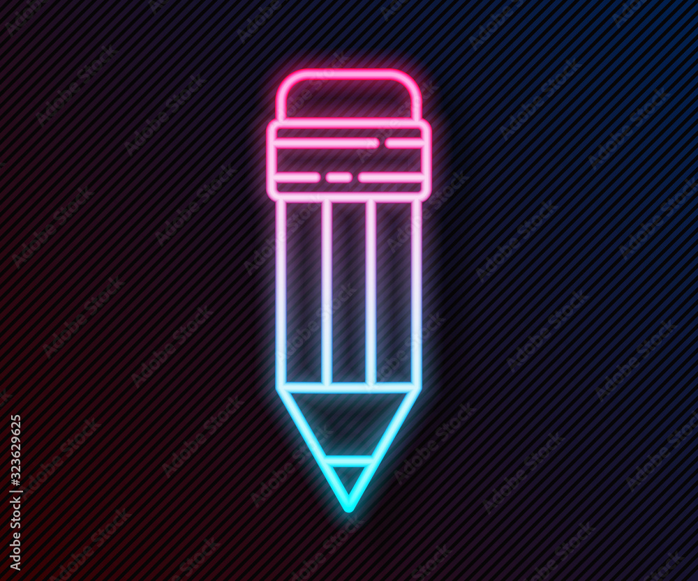 Glowing neon line Pencil with eraser icon isolated on black background. Drawing and educational tool