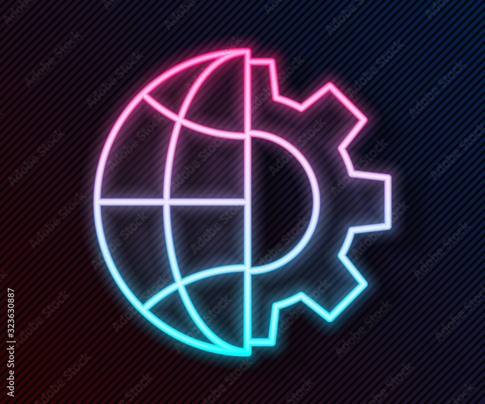 Glowing neon line Globe of the Earth and gear or cog icon isolated on black background. Setting para