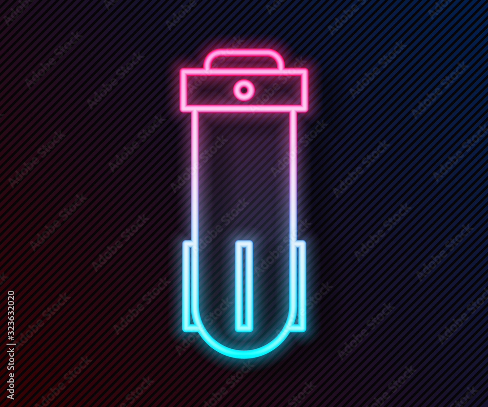 Glowing neon line Water filter icon isolated on black background. System for filtration of water. Re