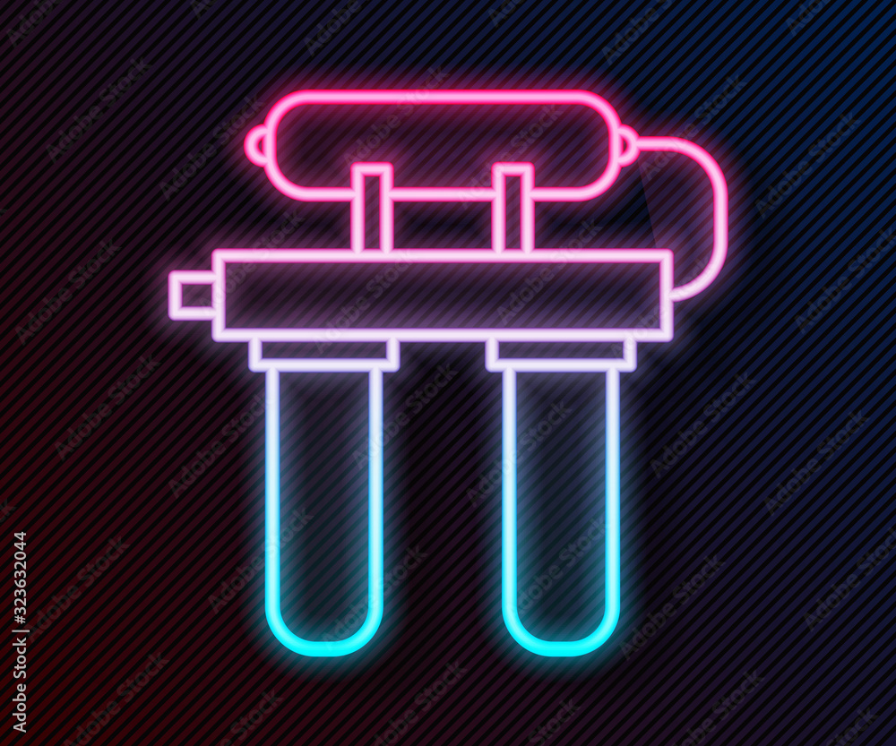 Glowing neon line Water filter icon isolated on black background. System for filtration of water. Re