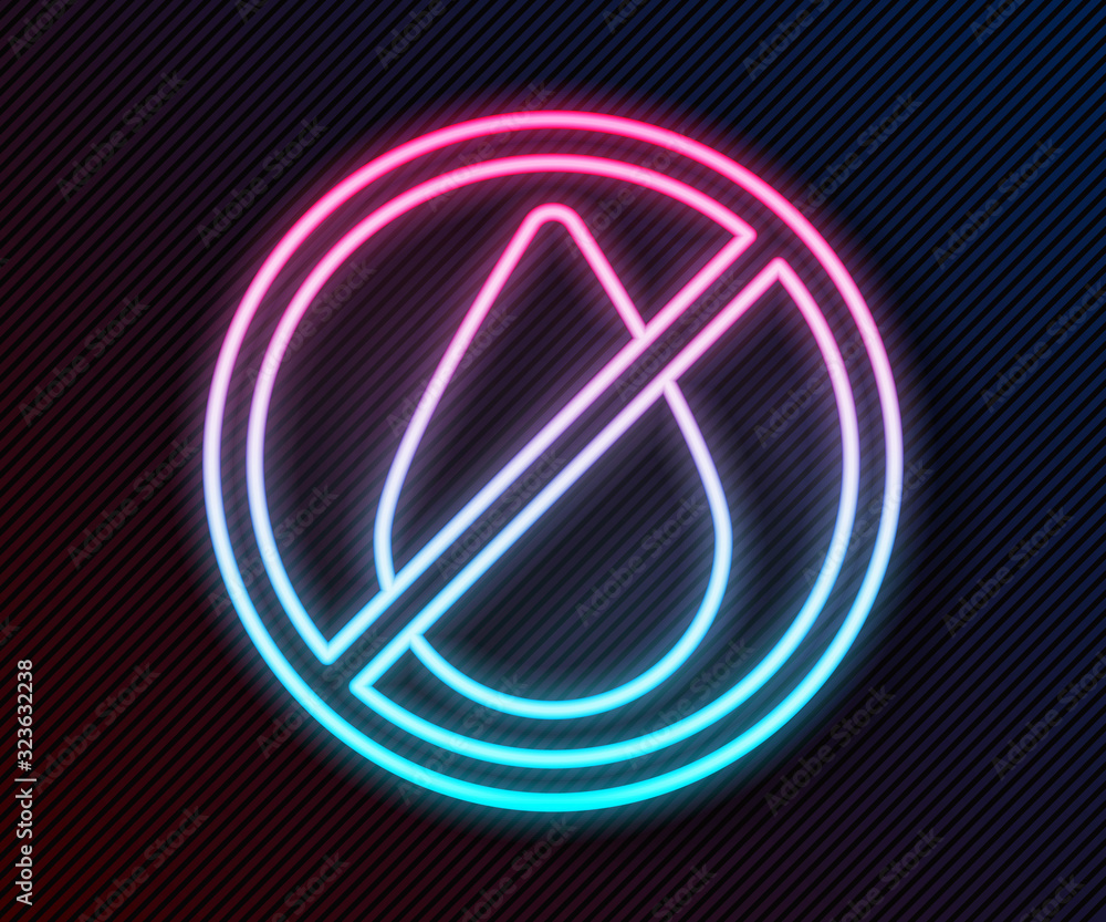 Glowing neon line Water drop forbidden icon isolated on black background. No water sign. Vector Illu