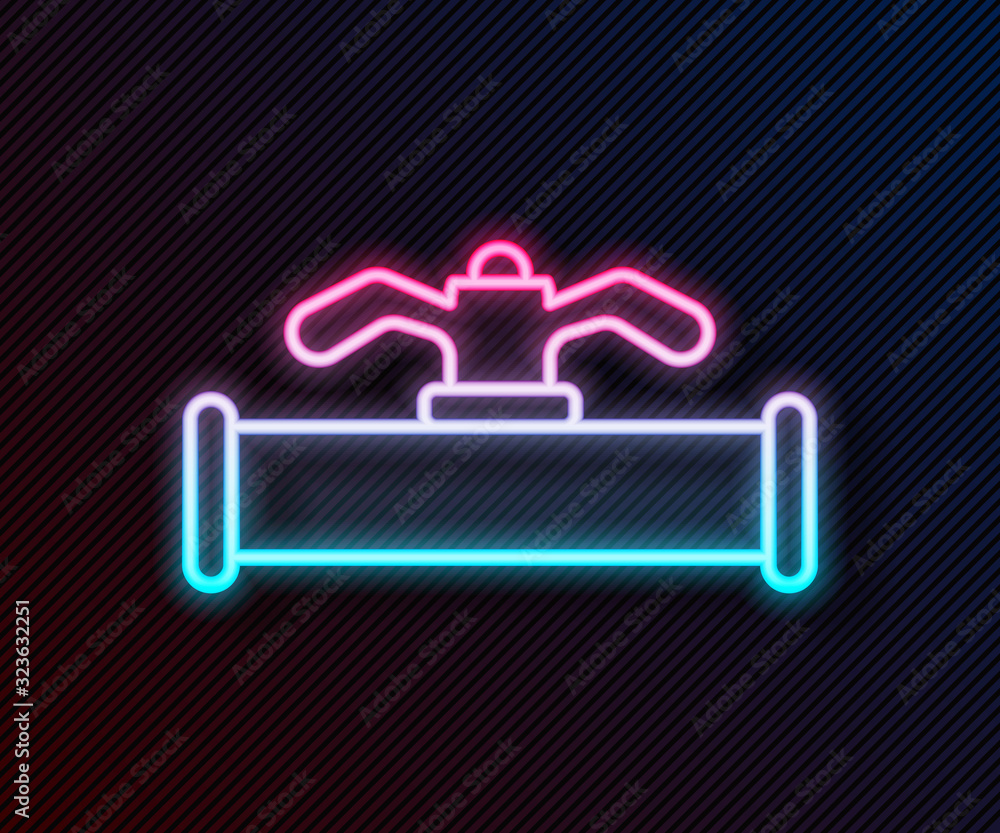 Glowing neon line Industry metallic pipe and valve icon isolated on black background. Vector Illustr