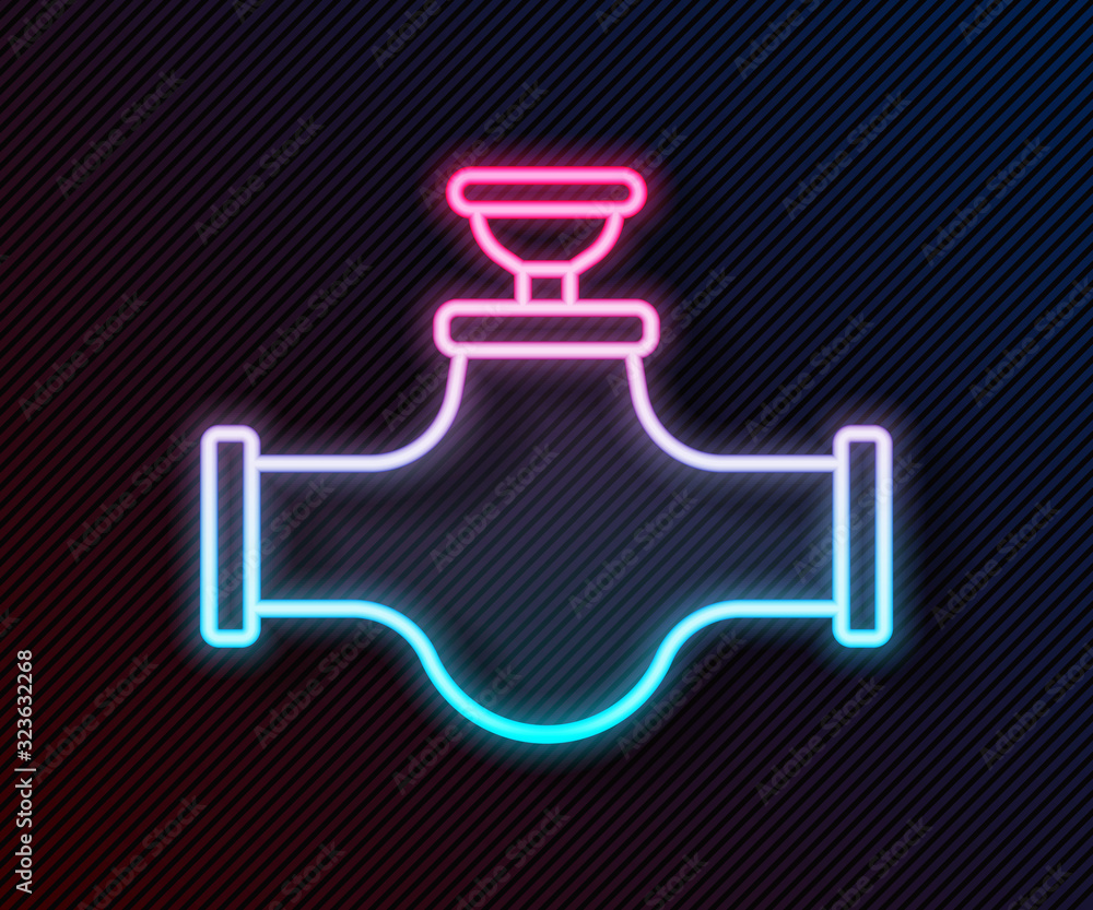 Glowing neon line Industry metallic pipe and valve icon isolated on black background. Vector Illustr