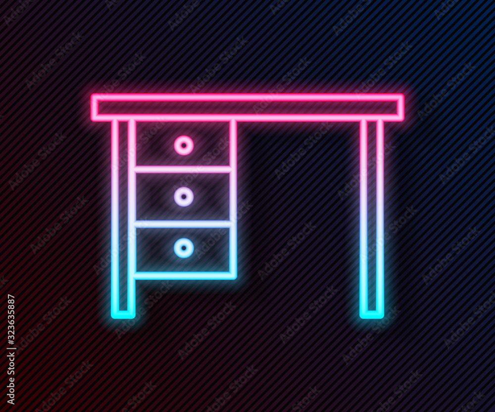 Glowing neon line Office desk icon isolated on black background. Vector Illustration