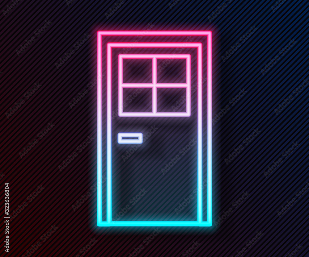 Glowing neon line Closed door icon isolated on black background. Vector Illustration