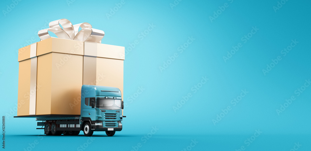 Present concept - Tir or truck carrying gift box. 3d rendering