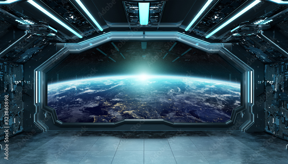 Dark blue spaceship futuristic interior with window view on planet Earth 3d rendering