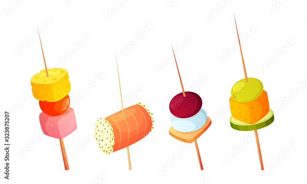 Different types of gourmet snacks on skewers vector illustration