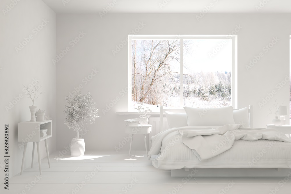 Stylish bedroom in white color with winter landscape in window. Scandinavian interior design. 3D ill