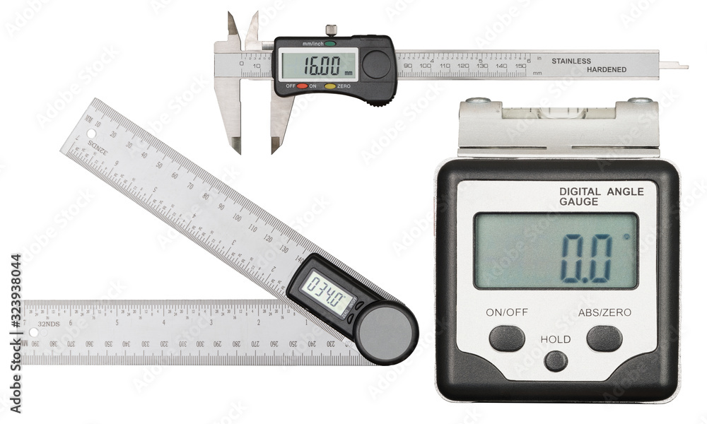 Digital caliper and angle gauges isolated on white