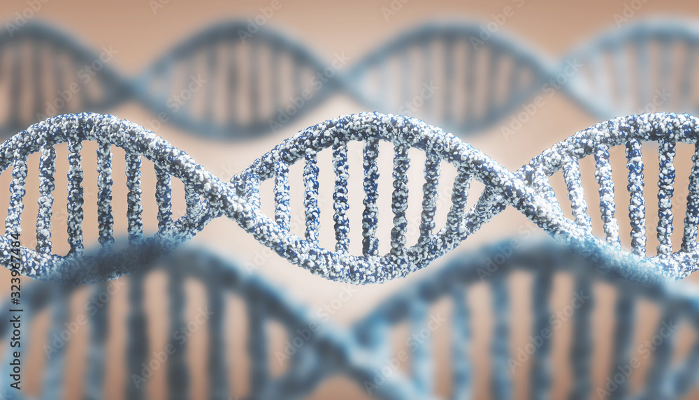 具有遗传代码和抽象几何的未来主义旋转Dna Strand。三维渲染