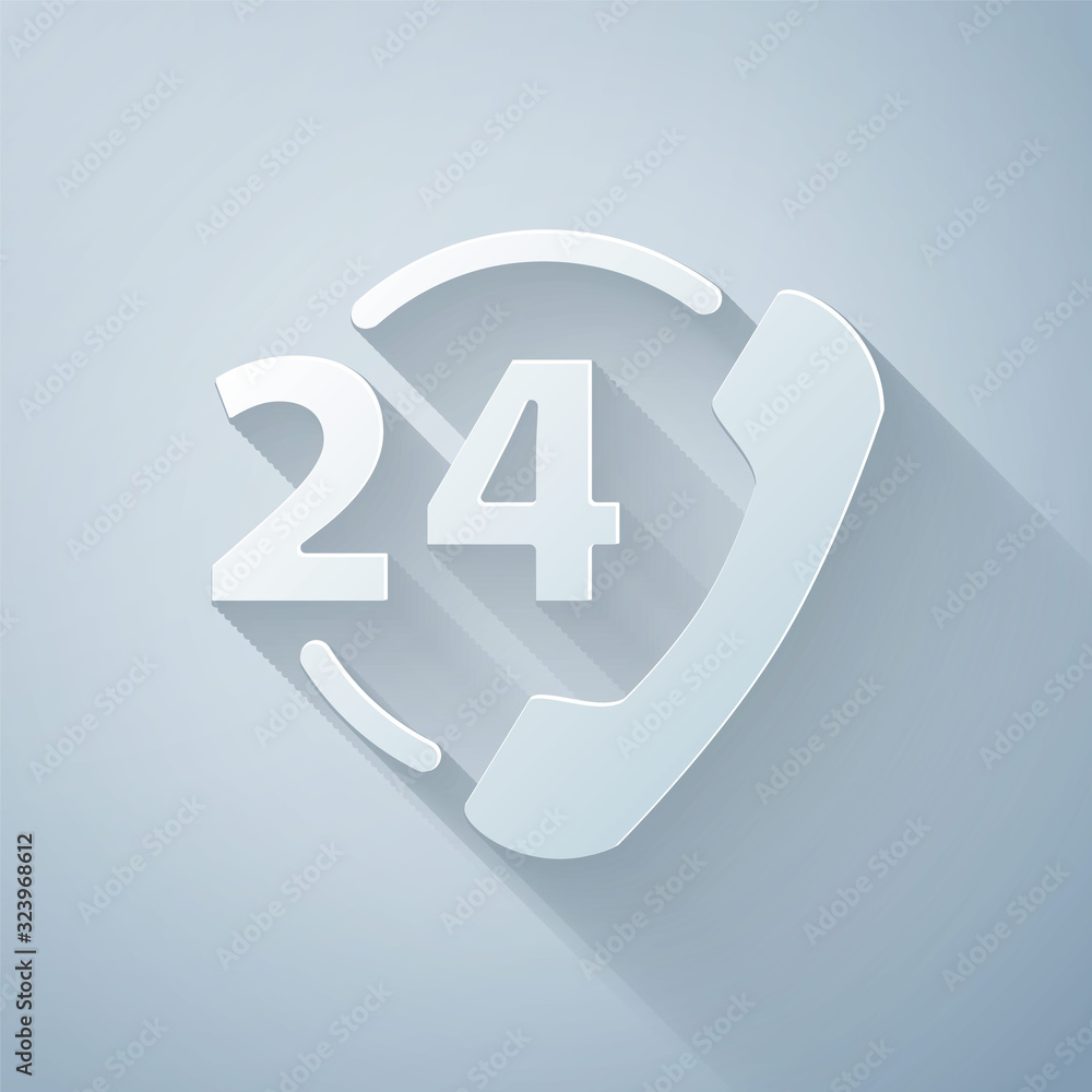 Paper cut Telephone 24 hours support icon isolated on grey background. All-day customer support call