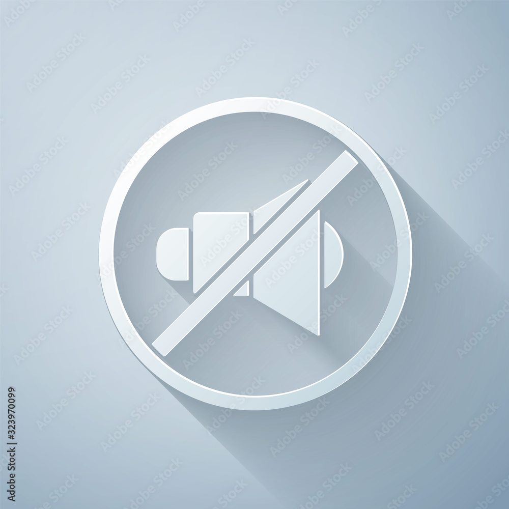 Paper cut Speaker mute icon isolated on grey background. No sound icon. Volume Off symbol. Paper art