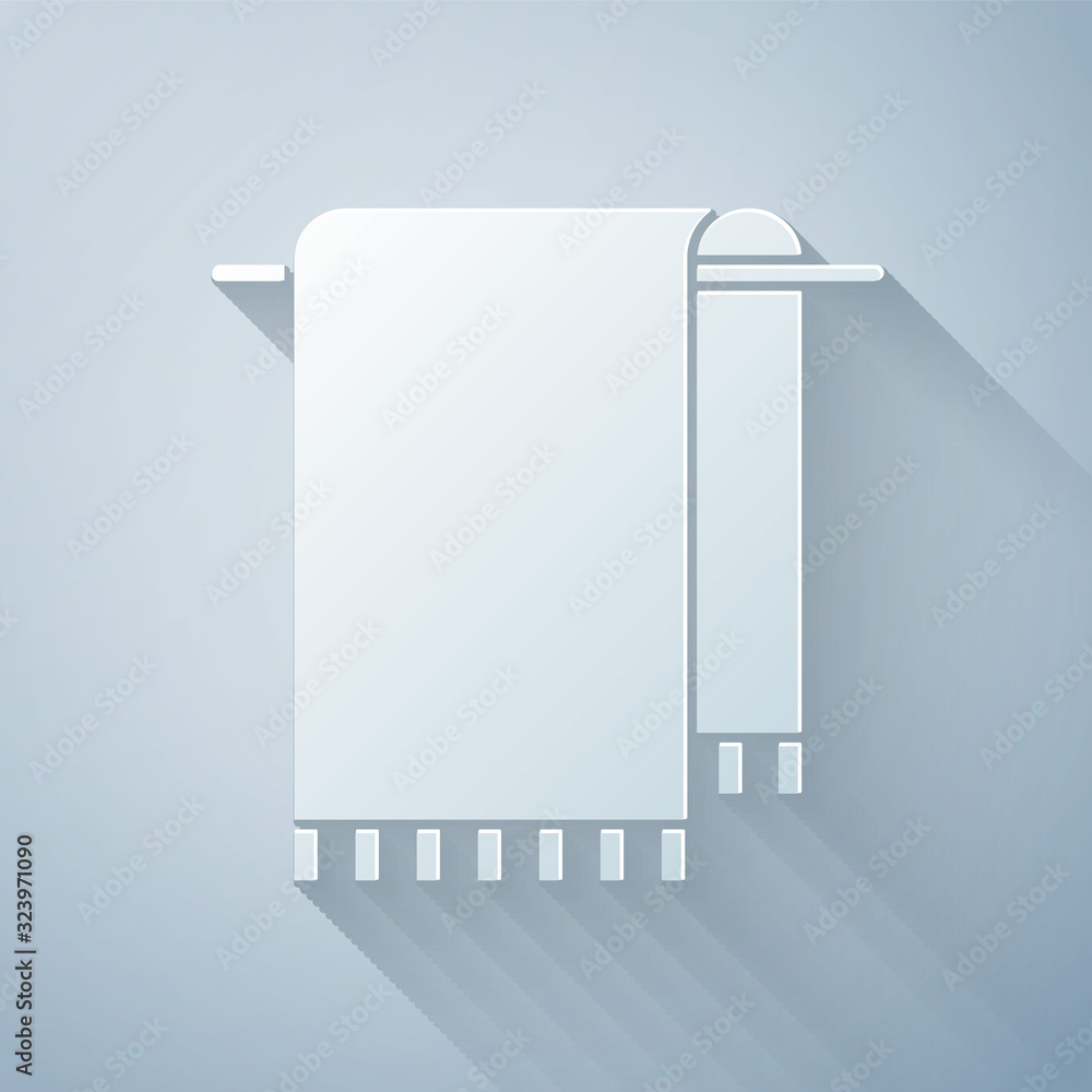 Paper cut Towel on a hanger icon isolated on grey background. Bathroom towel icon. Paper art style. 