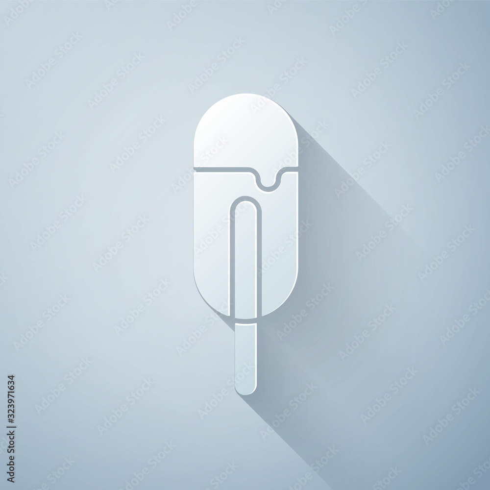 Paper cut Ice cream icon isolated on grey background. Sweet symbol. Paper art style. Vector Illustra