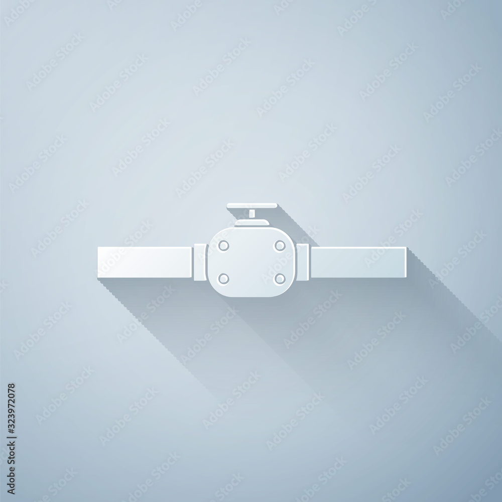 Paper cut Industry metallic pipes and valve icon isolated on grey background. Paper art style. Vecto