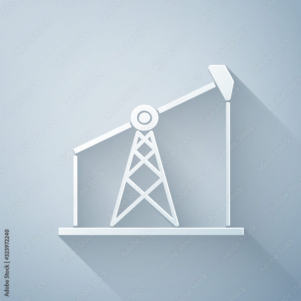 Paper cut Oil pump or pump jack icon isolated on grey background. Oil rig. Paper art style. Vector I