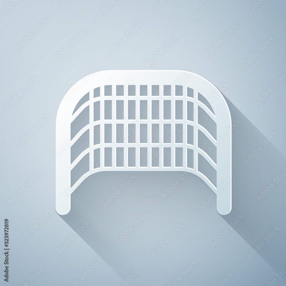 Paper cut Ice hockey goal with net for goalkeeper icon isolated on grey background. Paper art style.