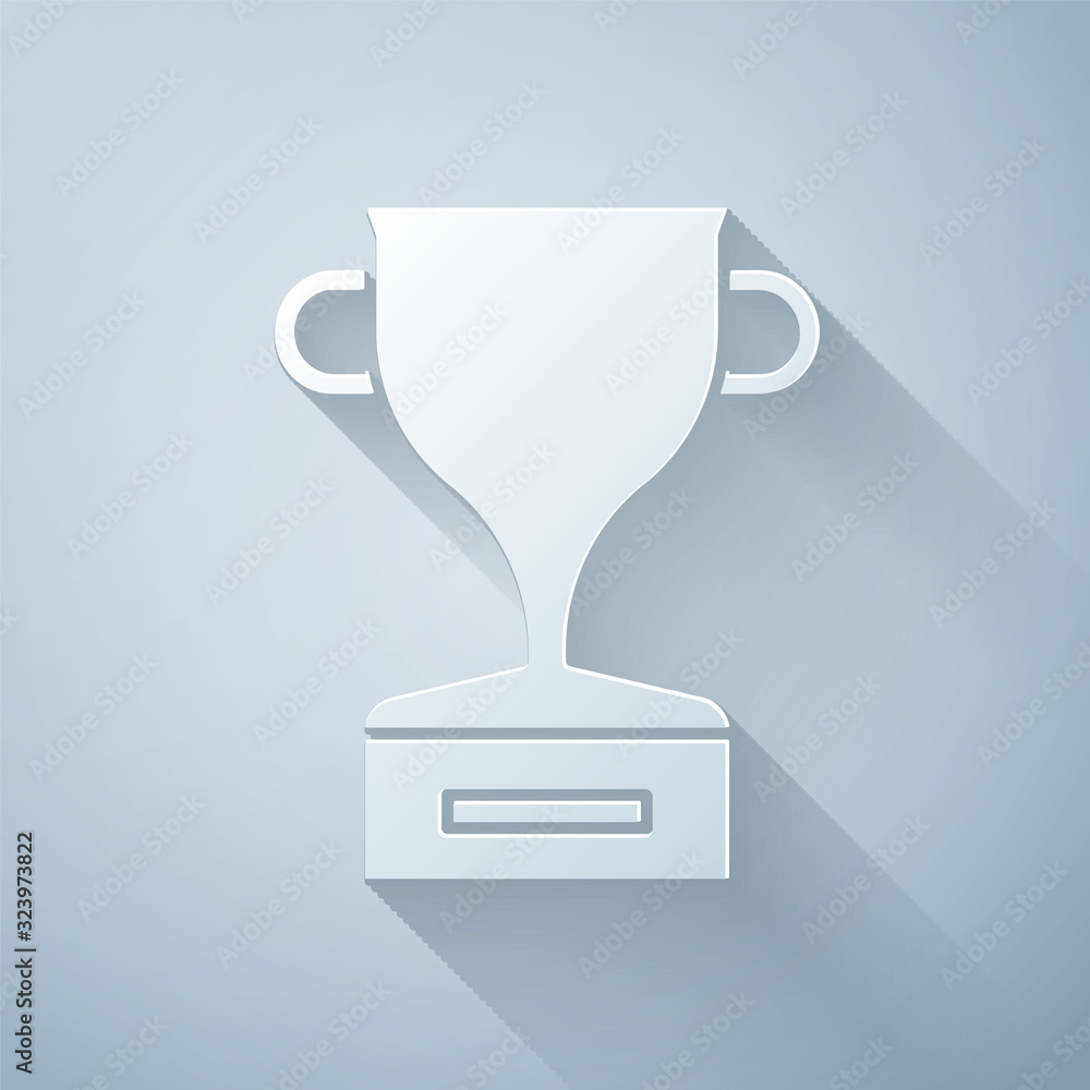 Paper cut Award cup icon isolated on grey background. Winner trophy symbol. Championship or competit