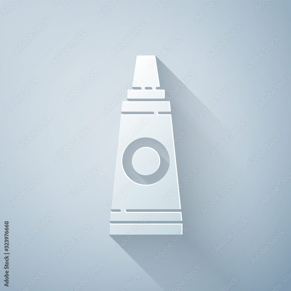 Paper cut Tube with paint palette icon isolated on grey background. Paper art style. Vector Illustra