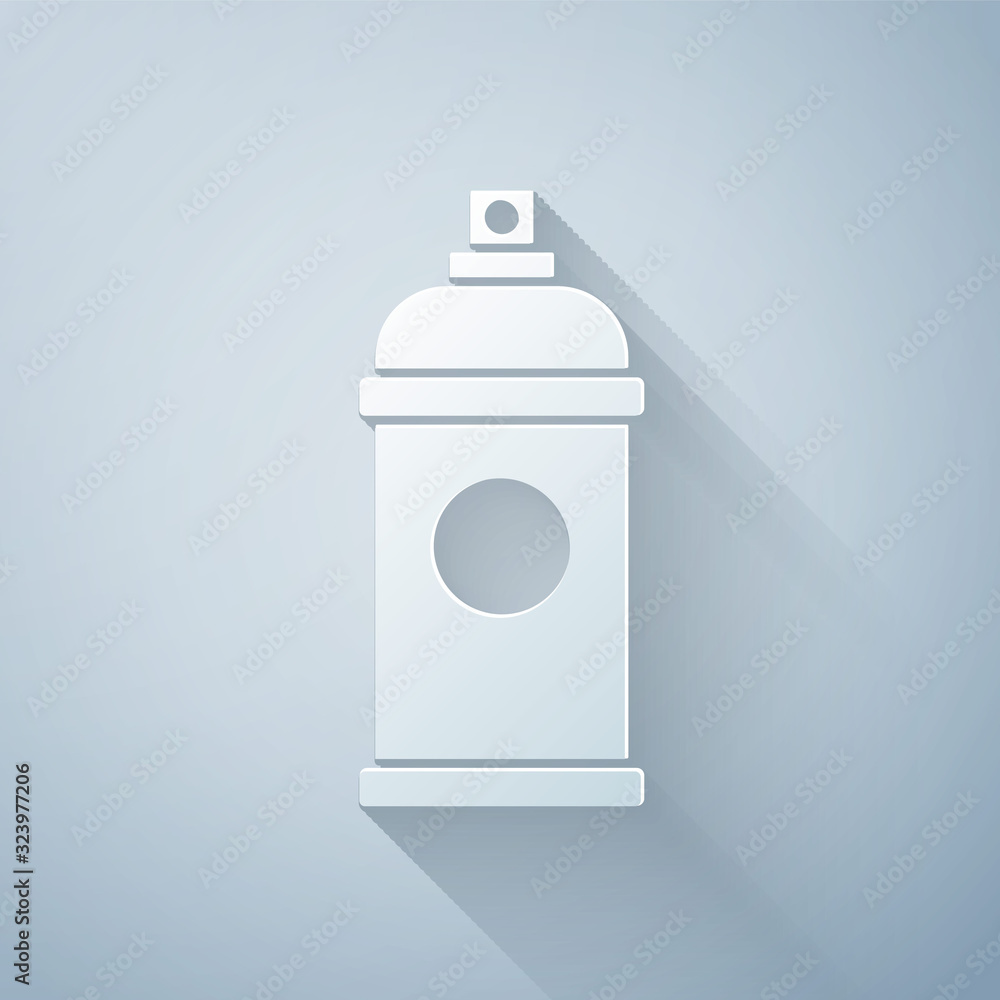 Paper cut Paint spray can icon isolated on grey background. Paper art style. Vector Illustration