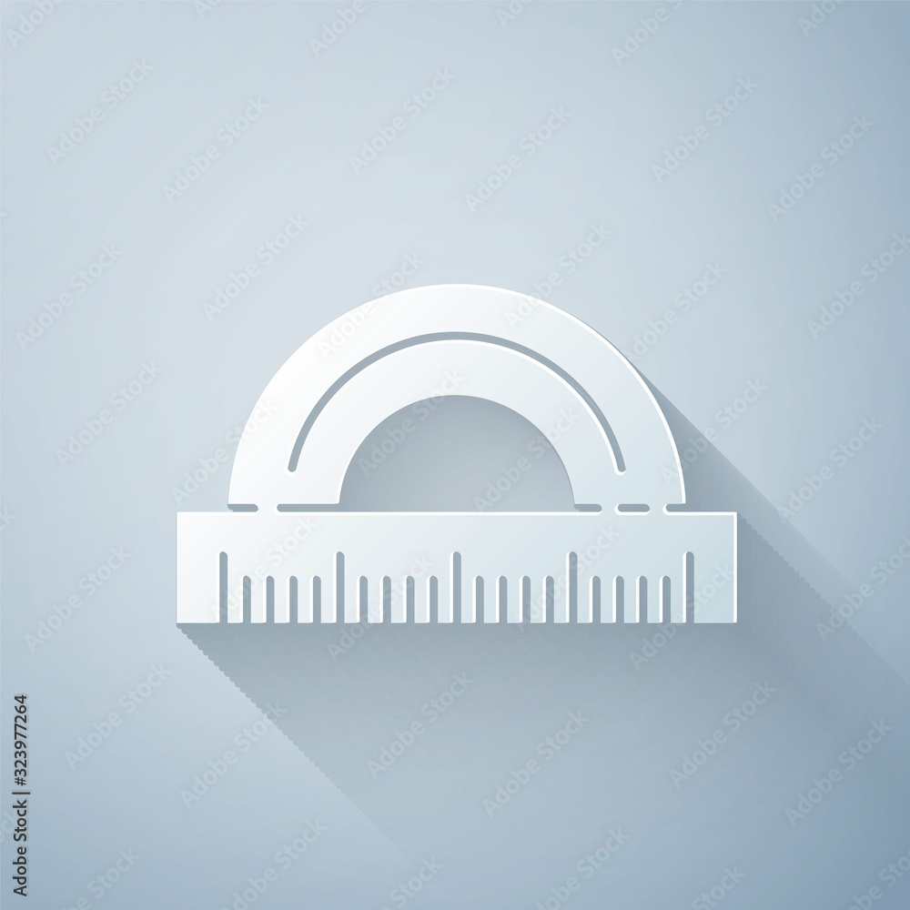 Paper cut Protractor grid for measuring degrees icon isolated on grey background. Tilt angle meter. 