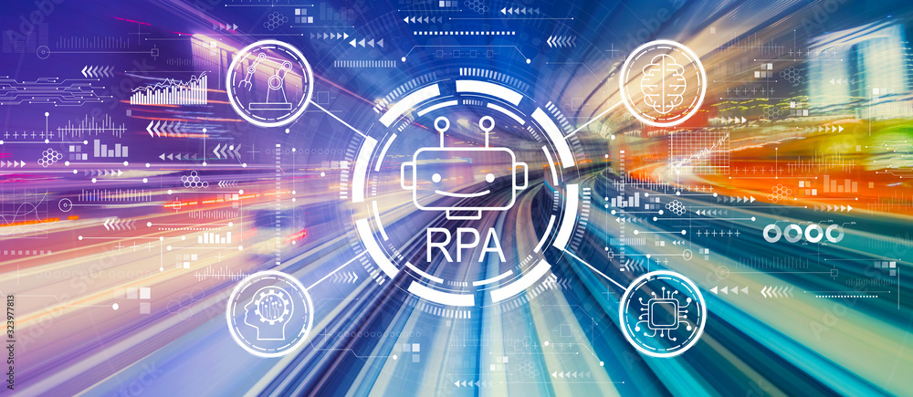 Robotic process automation concept with abstract high speed technology POV motion blur