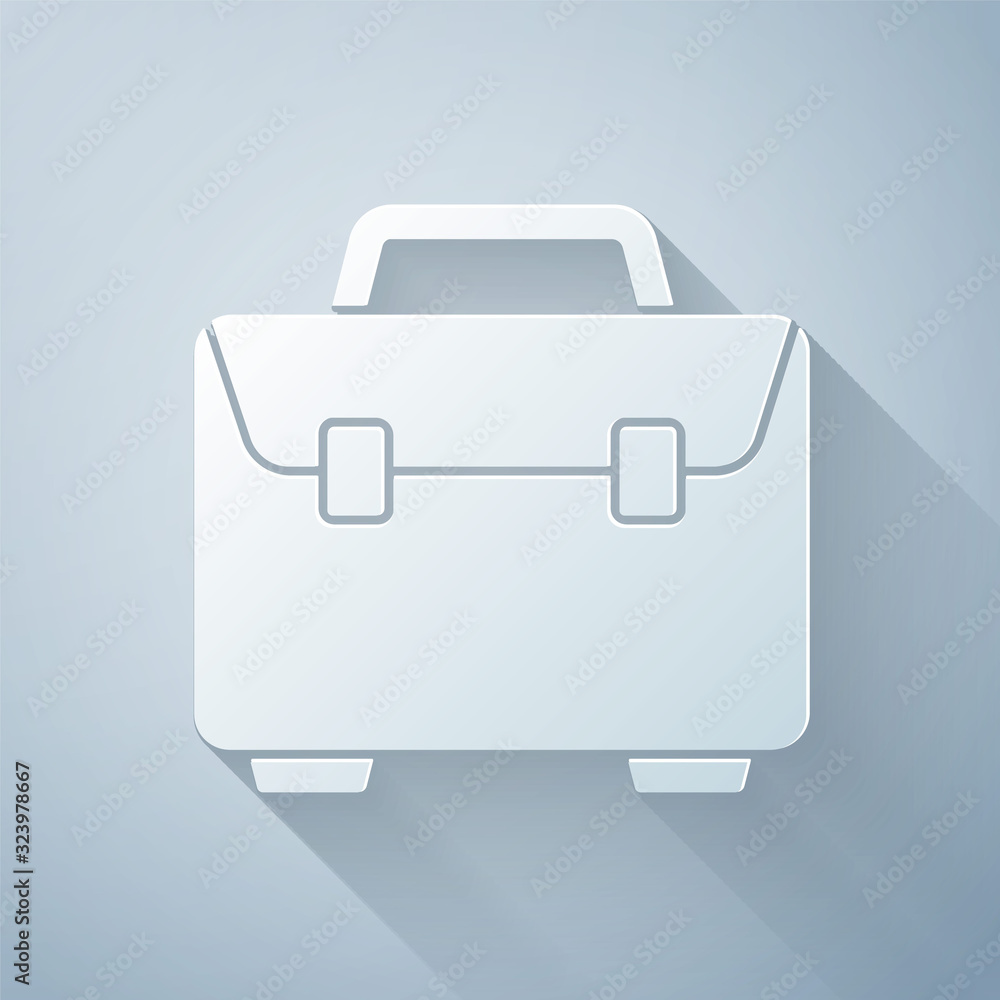 Paper cut Briefcase icon isolated on grey background. Business case sign. Business portfolio. Paper 