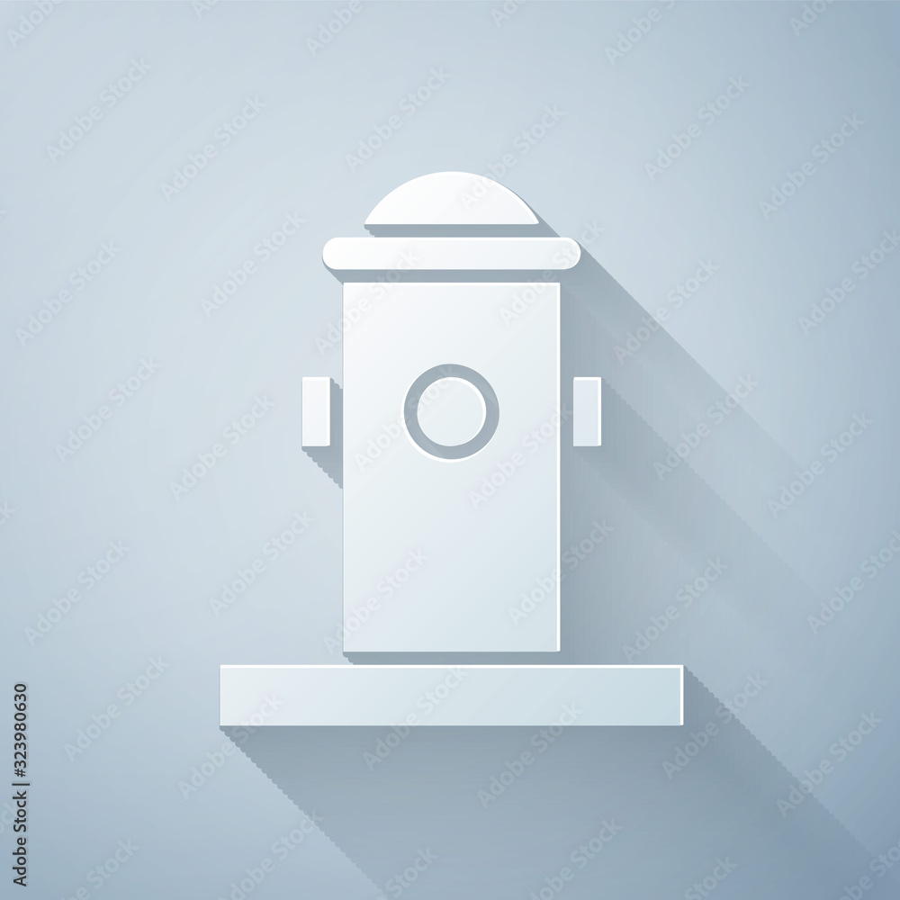 Paper cut Fire hydrant icon isolated on grey background. Paper art style. Vector Illustration