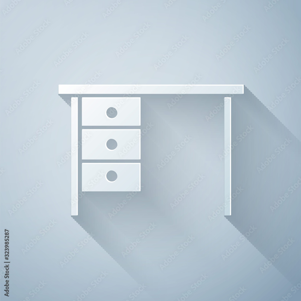 Paper cut Office desk icon isolated on grey background. Paper art style. Vector Illustration