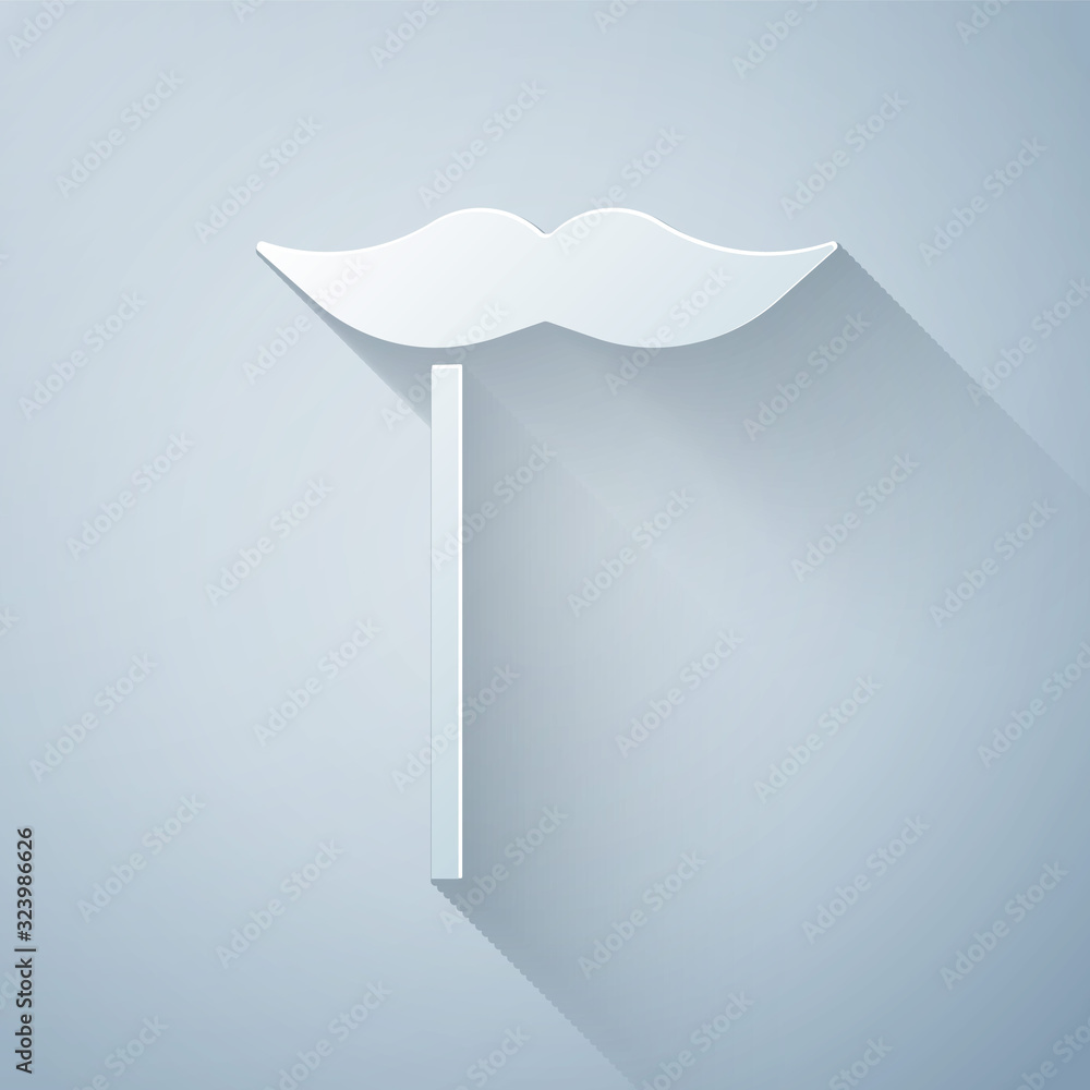 Paper cut Paper mustache on stick icon isolated on grey background. Concept with cardboard carnival 