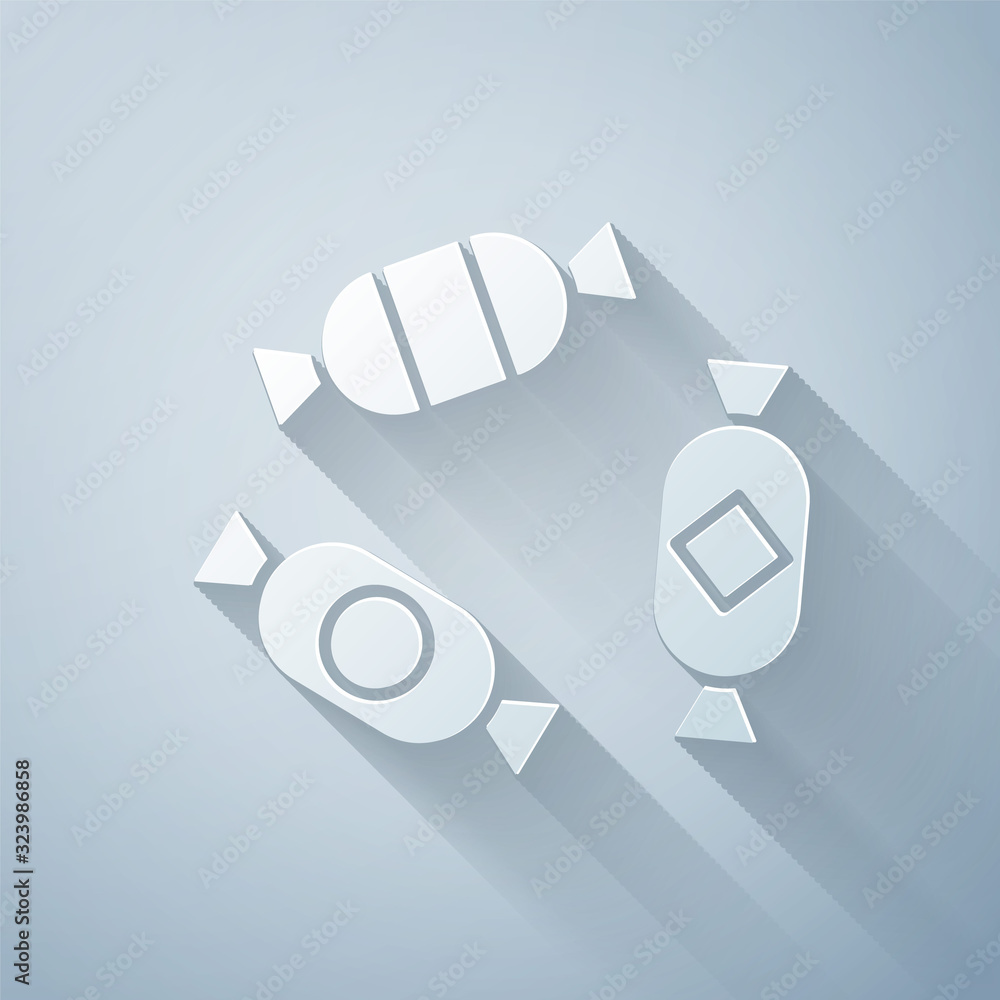 Paper cut Candy icon isolated on grey background. Paper art style. Vector Illustration