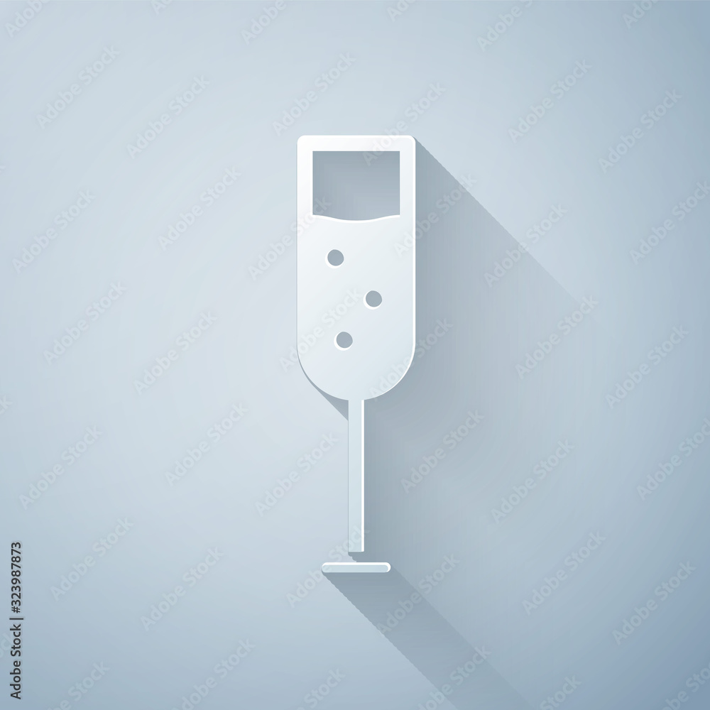 Paper cut Glass of champagne icon isolated on grey background. Paper art style. Vector Illustration