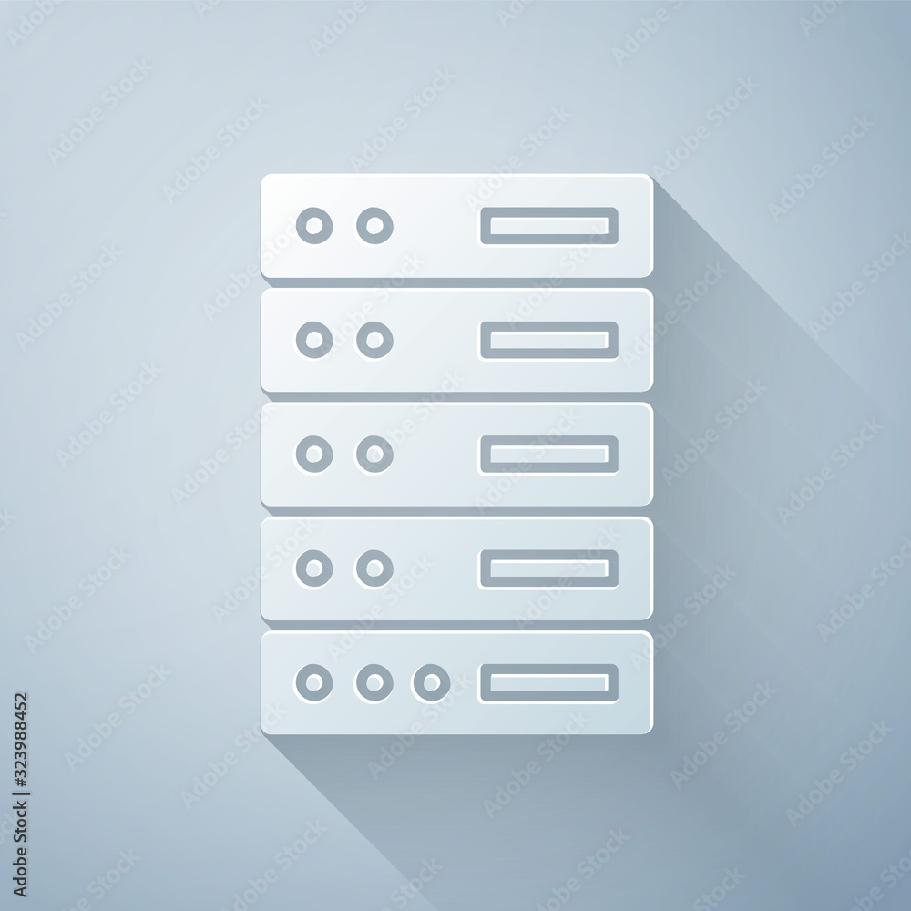 Paper cut Server, Data, Web Hosting icon isolated on grey background. Paper art style. Vector Illust