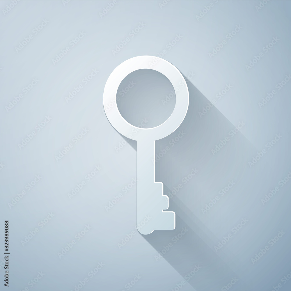 Paper cut Old key icon isolated on grey background. Paper art style. Vector Illustration