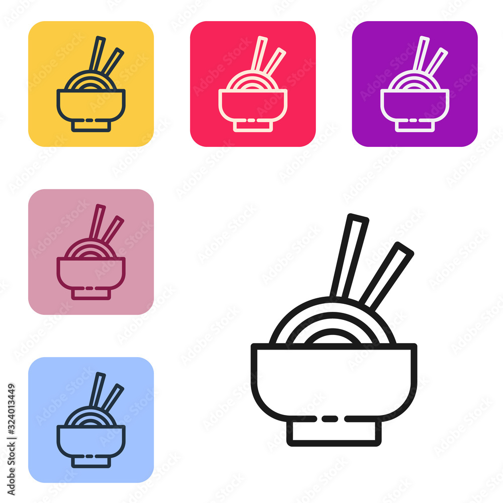 Black line Asian noodles in bowl and chopsticks icon isolated on white background. Street fast food.