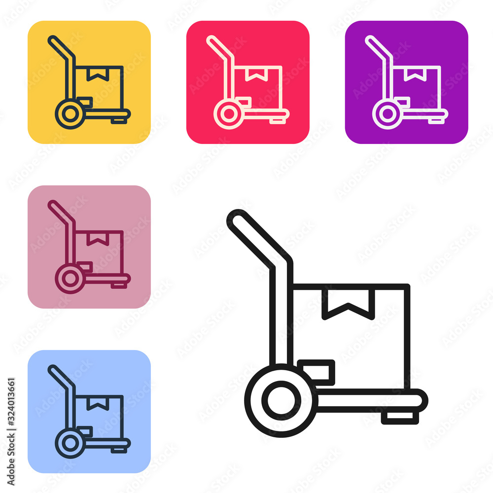 Black line Hand truck and boxes icon isolated on white background. Dolly symbol. Set icons in color 