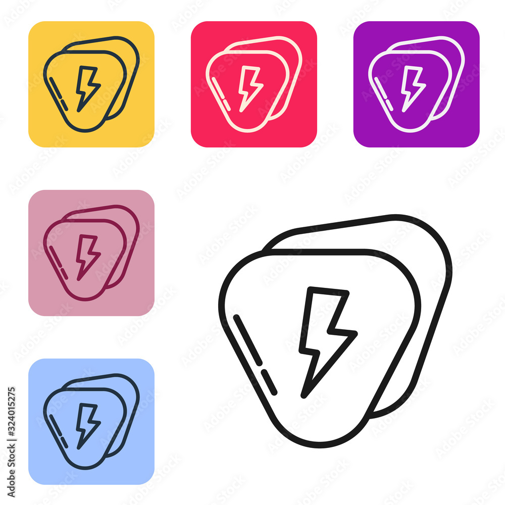 Black line Guitar pick icon isolated on white background. Musical instrument. Set icons in color squ