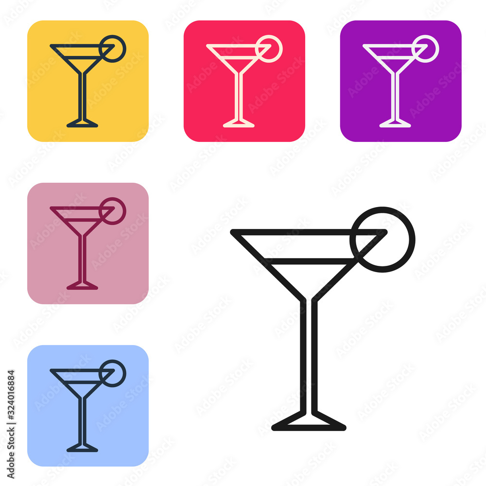 Black line Martini glass icon isolated on white background. Cocktail icon. Wine glass icon. Set icon