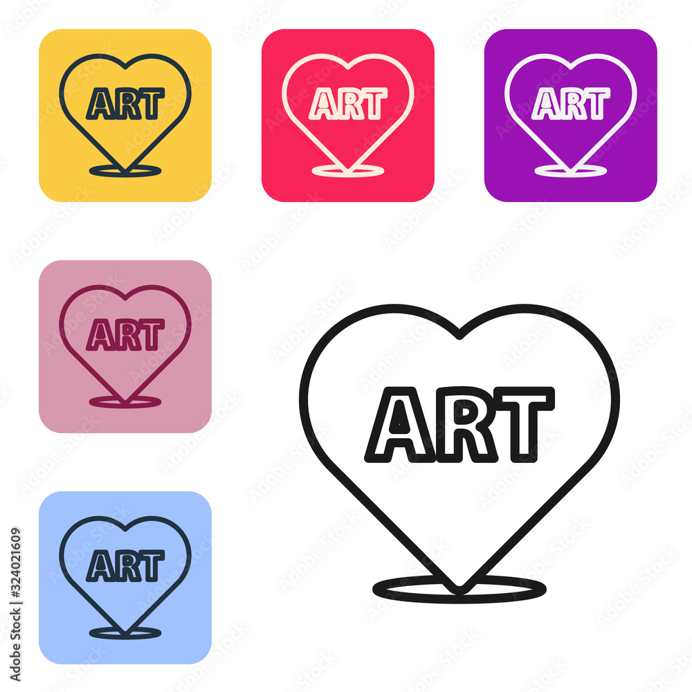 Black line Heart with text art icon isolated on white background. Set icons in color square buttons.