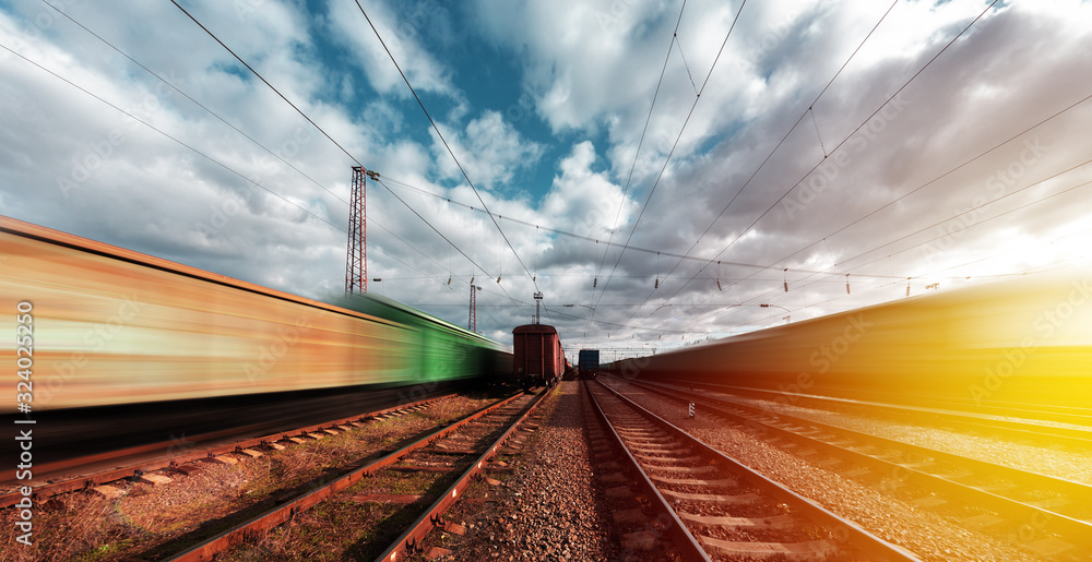 railway on which trains move with speed and blur effect