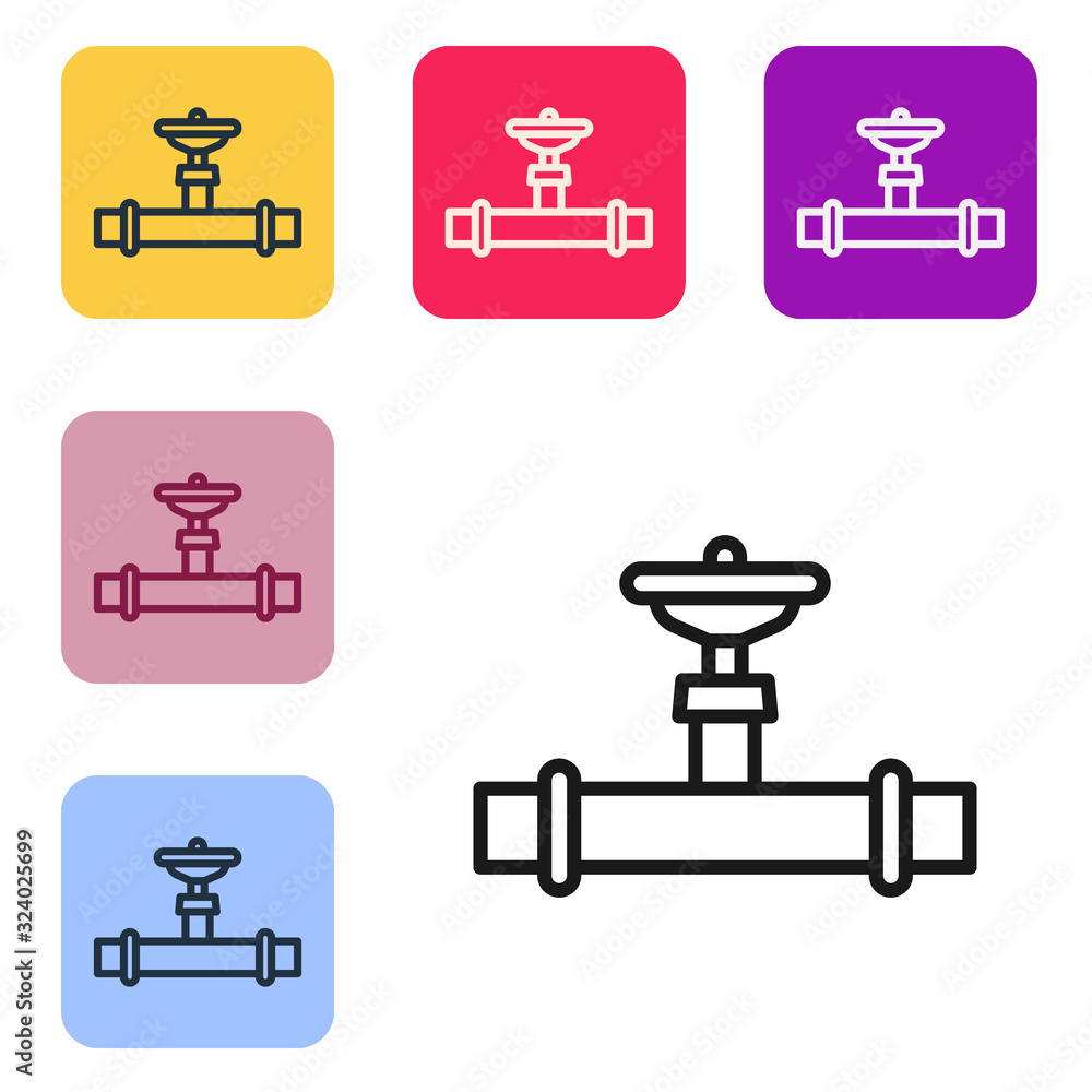 黑线工业金属管道和阀门图标隔离在白色背景上。将图标设置为方形